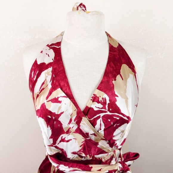 Y2K Vintage BCBG Silk Floral halter Red Mini Dress Wrap Size 4/6 - Picture 2 of 8